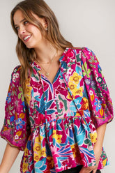 Umgee Full Size Floral Print Tie Neck Peplum Blouse Plus Size MULBERRY MIX OutfitFlow